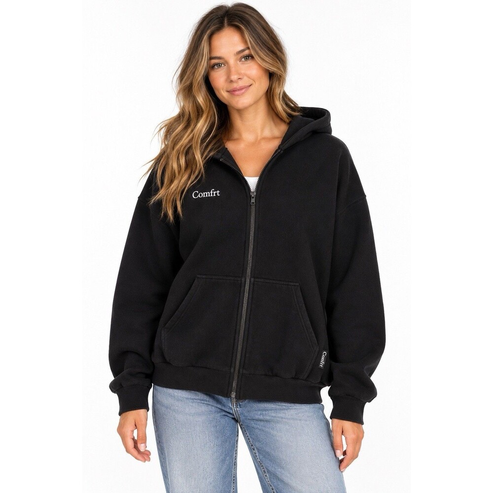 Comfrt Hoodie Black Full Zip Unisex Size Small Oversized Cozy Fall Grunge